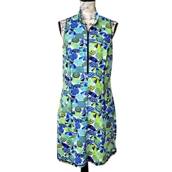 Kevan Hall Sport Sleeveless 1/2 Zip Golf Dress Blue Green Floral  Womens Size L - Picture 1 of 8